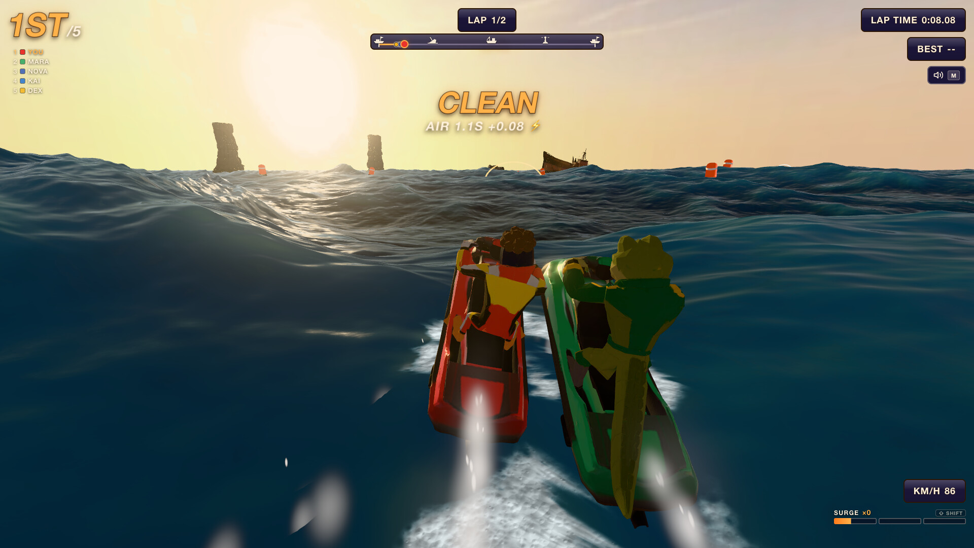 Squall Riders screenshot: leading the race at golden hour, side by side with Mara the crocodile